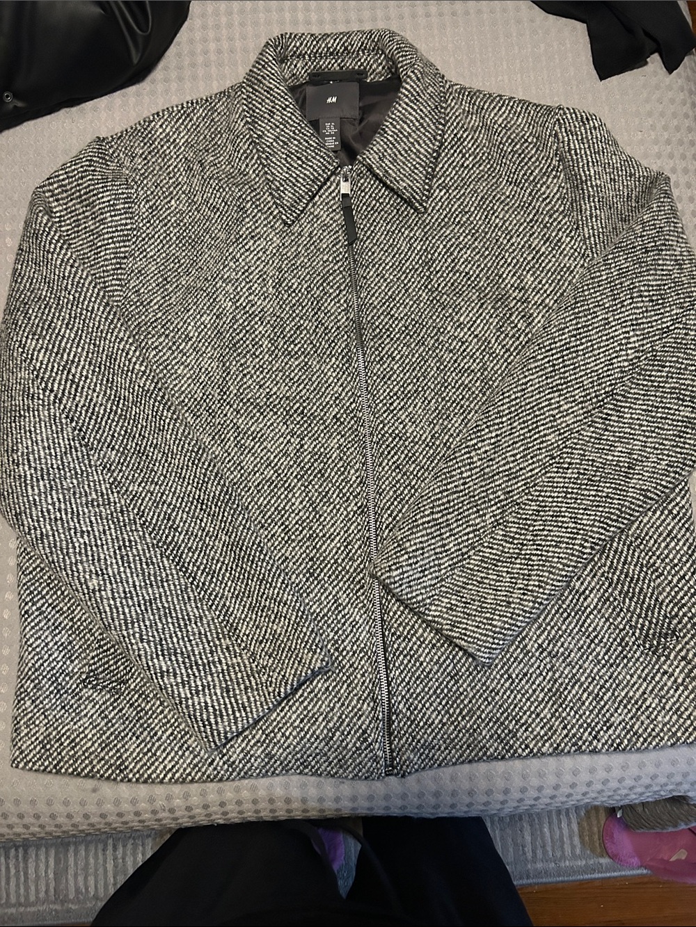 H&M Black and White Tweed Zip-Front Men’s Coat